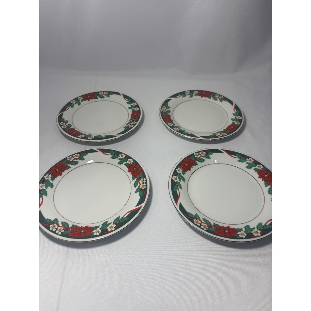 Lot Of 4 Tienshan DECK THE HALLS Salad Plates 7 1/2" Poinsettia Christmas